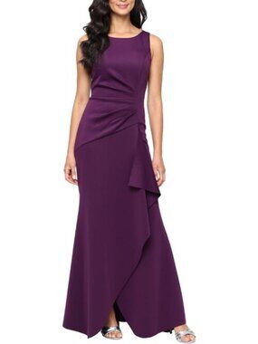 Long Sleeveless Stretch Scuba Crepe Dress Ruched Cascade Skirt, 12, Plum